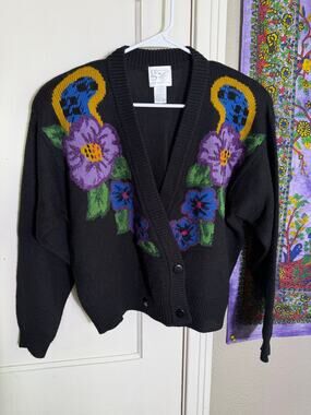 Good Work Clothes Wool Blend Cardigan L Horseshoe Floral Western Black Sweater